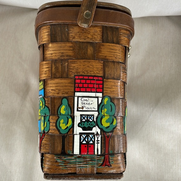 Caro Nan Vintage Wood Painted Basket Purse  with Colorful City Design - Picture 8 of 13